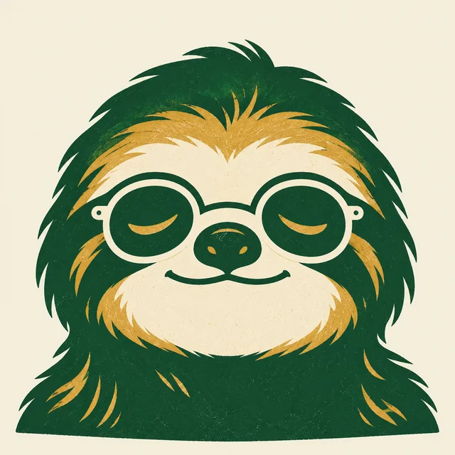A sleepy green sloth reviewer with glasses over closed eyes